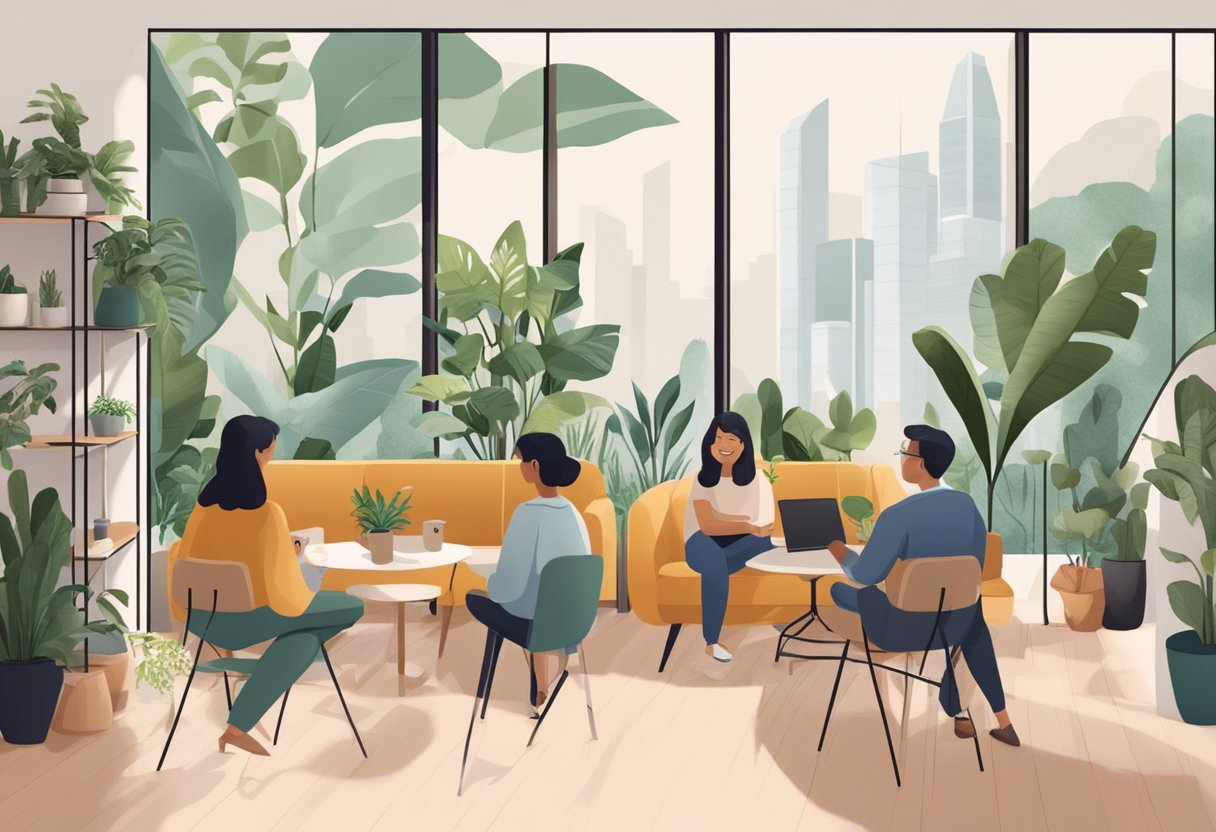People socialize in a modern co-living space in Singapore. Plants, cozy furniture, and communal areas create a welcoming atmosphere