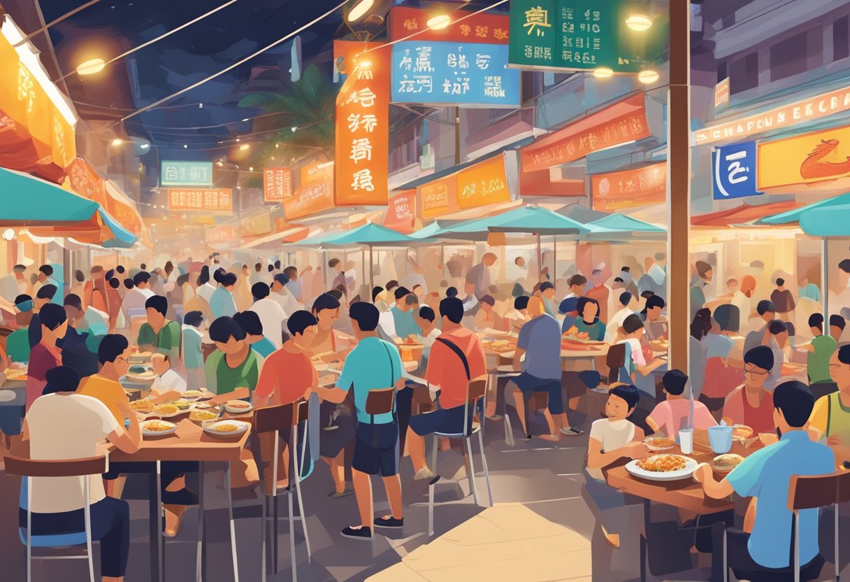 A bustling hawker center in Singapore, with steaming plates of chili crab, Hainanese chicken rice, and sizzling satay skewers, surrounded by colorful signage and bustling crowds