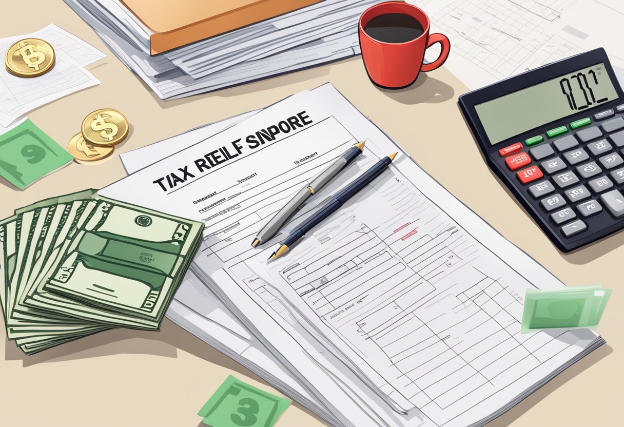 A stack of money with a red circle and line through it, a calculator, and a document labeled "Tax Relief Singapore."