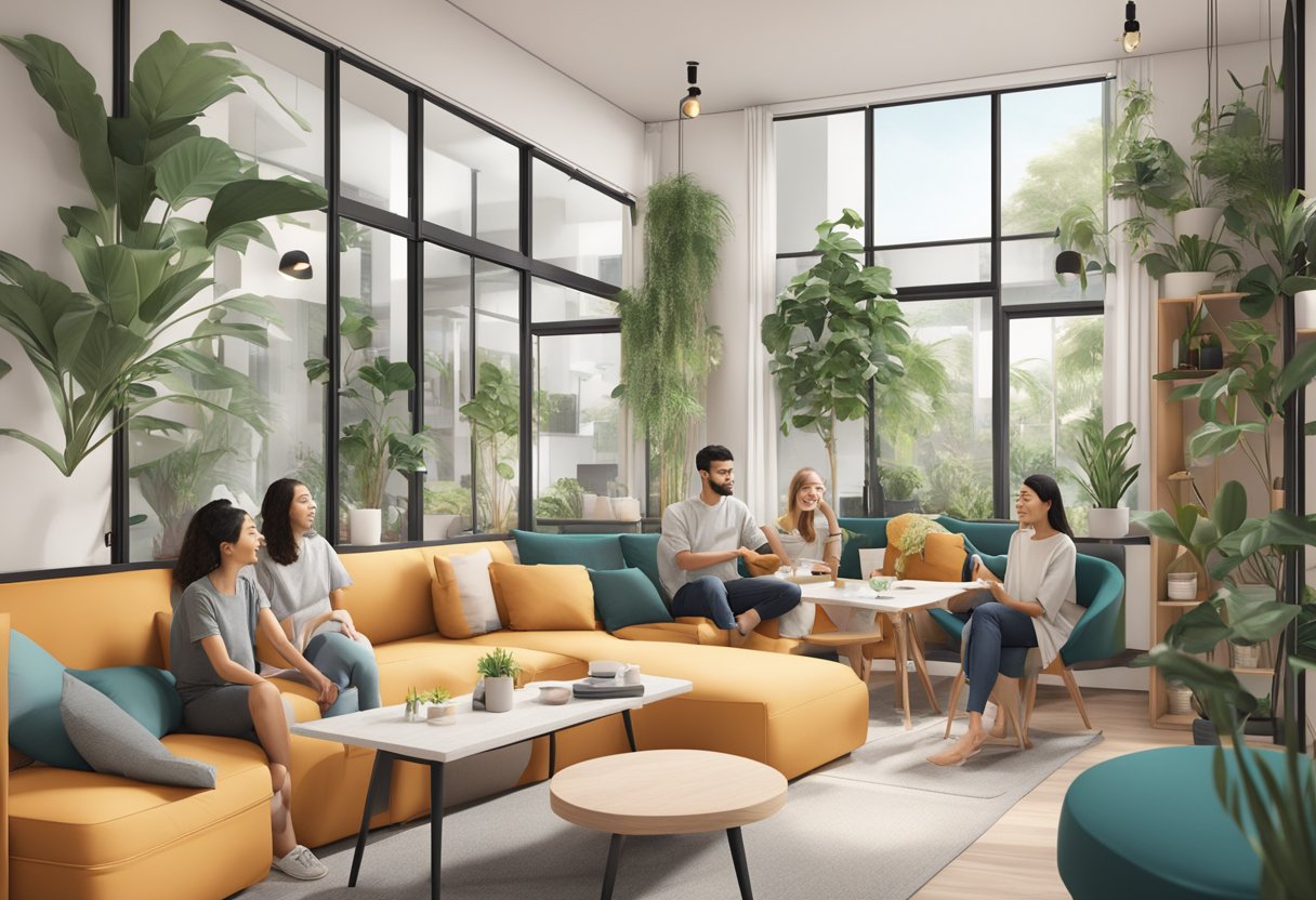 A modern, vibrant co-living space in Singapore with communal areas, stylish furnishings, and diverse residents interacting and socializing