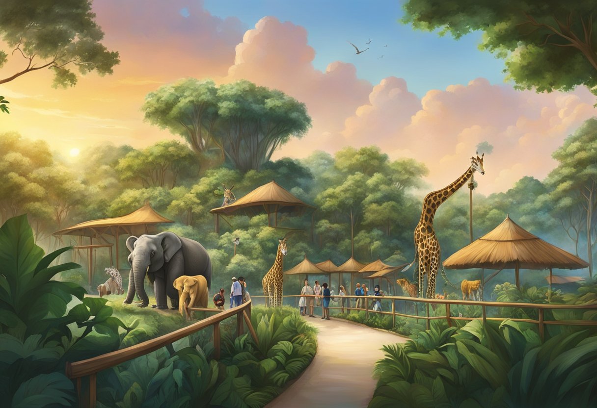 The Singapore Zoo opens at sunrise, with vibrant animals greeting visitors. Lush greenery and interactive exhibits create an immersive experience