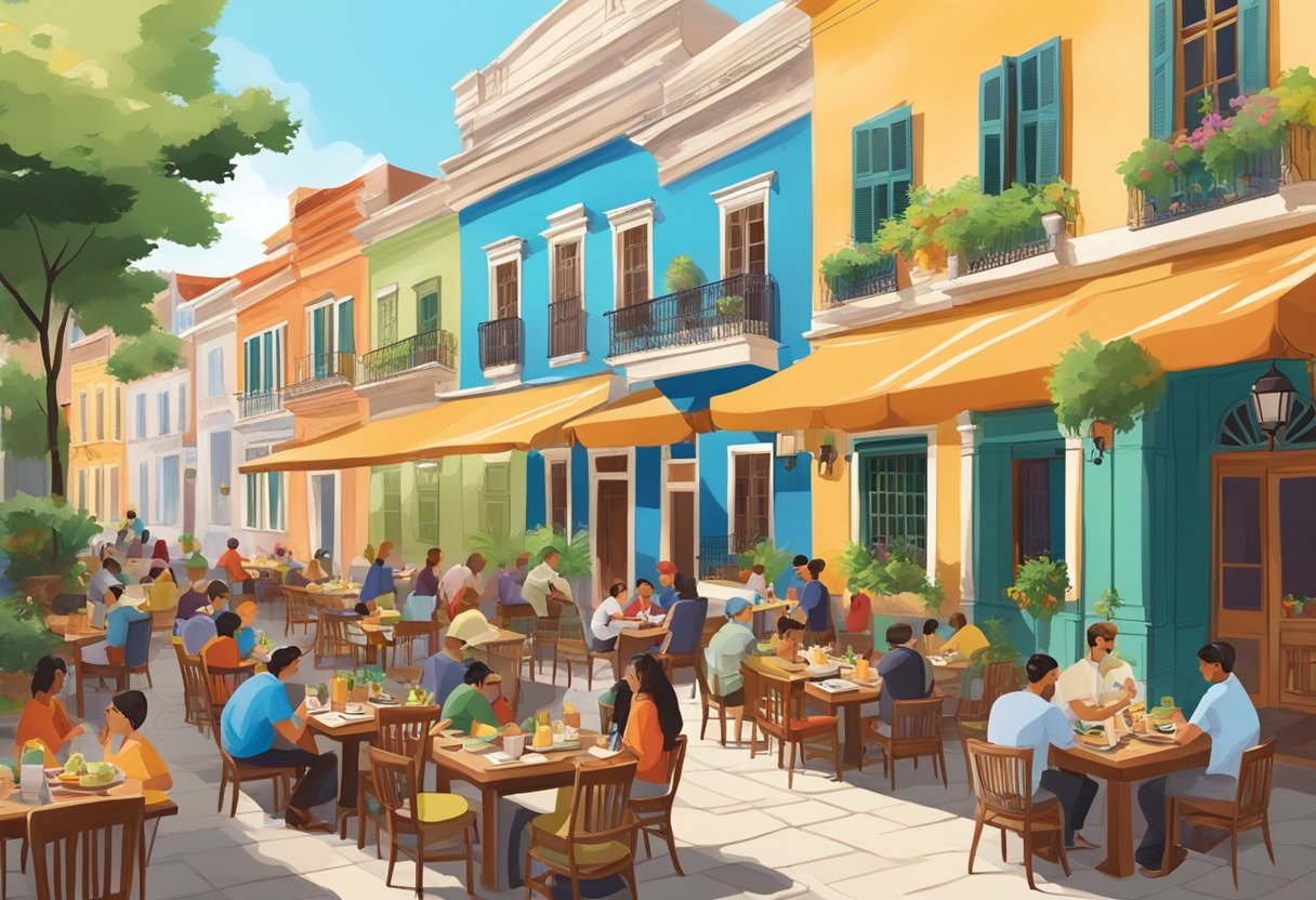 People dining at outdoor cafes, surrounded by colorful colonial buildings, with a mix of Western and Asian food on the tables