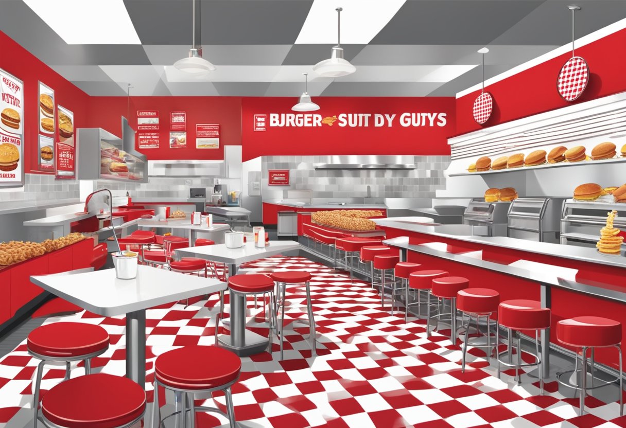 Customers enjoying burgers and fries at Five Guys. Red and white checkered decor, open kitchen, and peanut shells on the floor