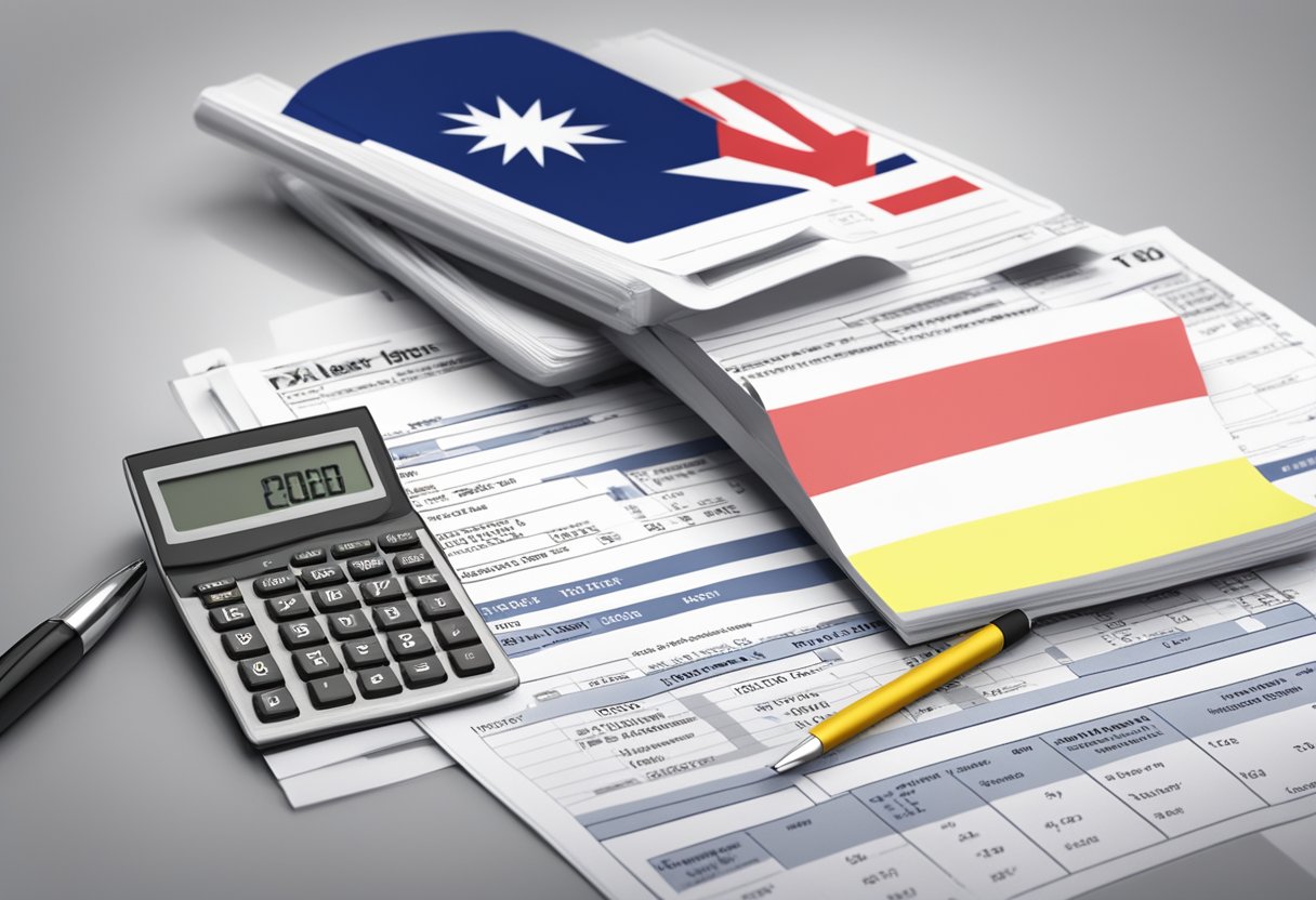 A stack of tax forms with "Tax Relief" highlighted. A calculator and pen sit nearby, with a Singaporean flag in the background