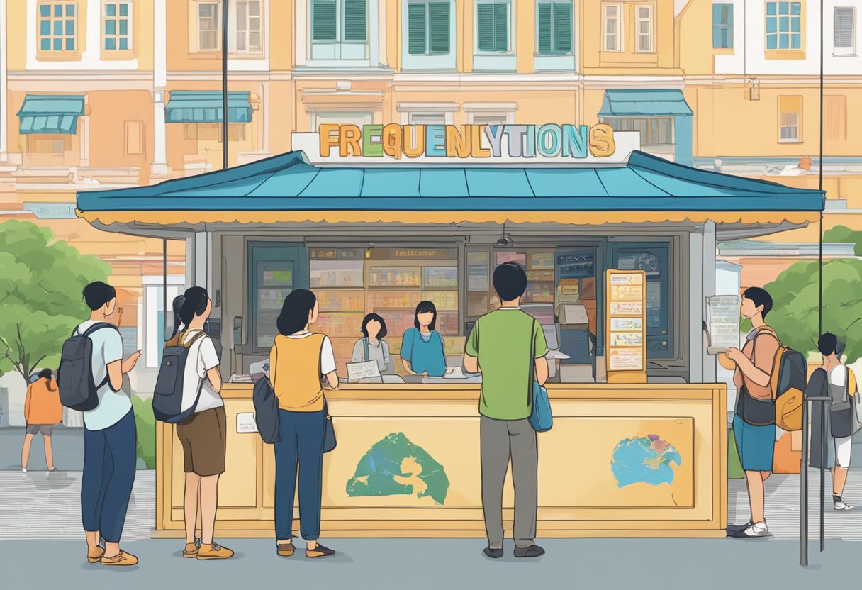 Tourists line up at a kiosk, reading a sign that says "Frequently Asked Questions" in Singapore. A map of the city hangs on the wall behind them