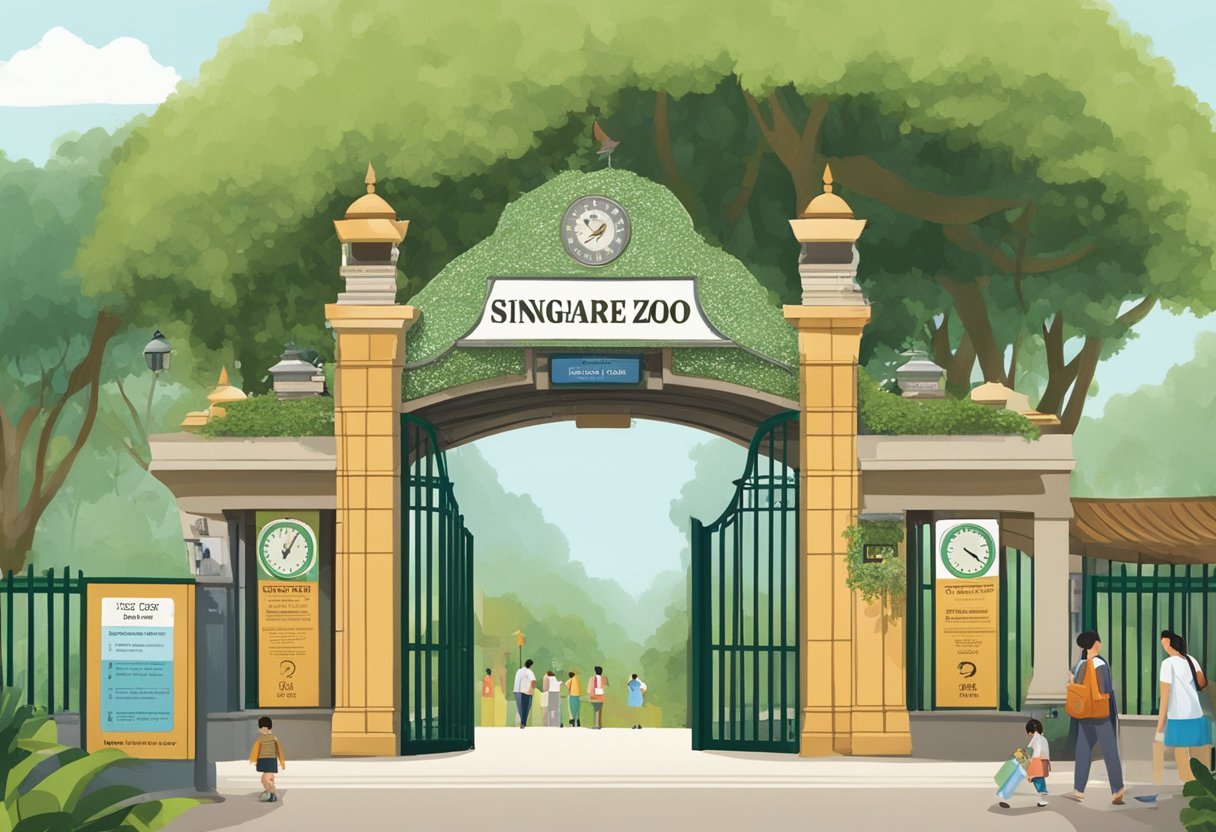 The Singapore Zoo entrance gate opens with a sign displaying the frequently asked questions about the zoo's operating hours