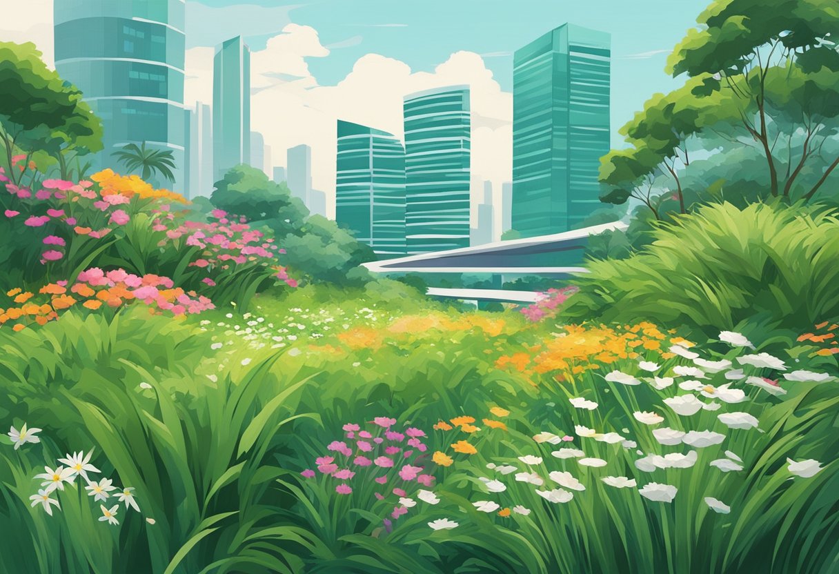 Lush green tufted grasses sway in the gentle breeze, dotted with vibrant flowers, against a backdrop of modern Singapore architecture