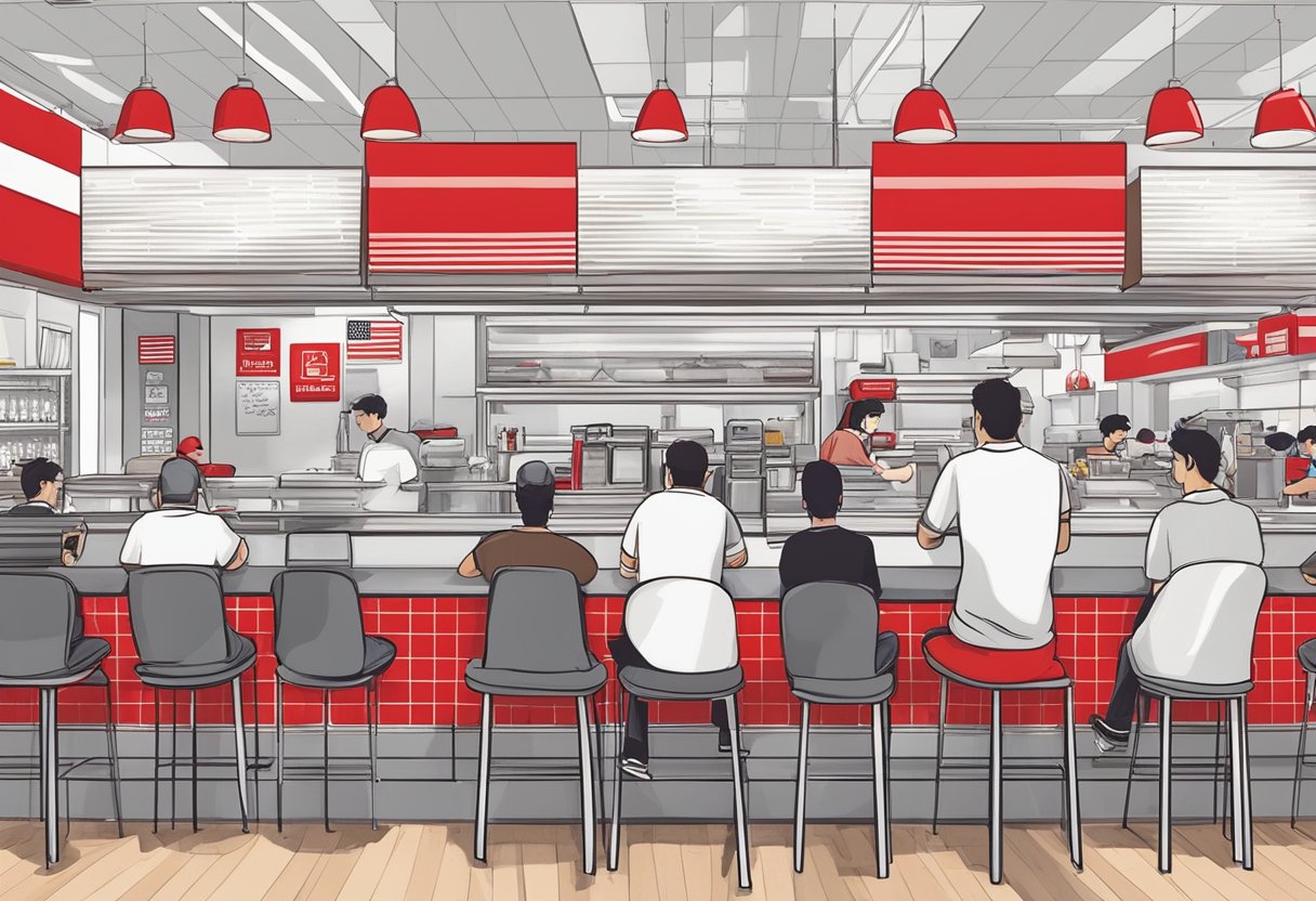 Five Guys Singapore: A bustling restaurant with customers ordering at the counter, staff grilling burgers, and the iconic red and white decor