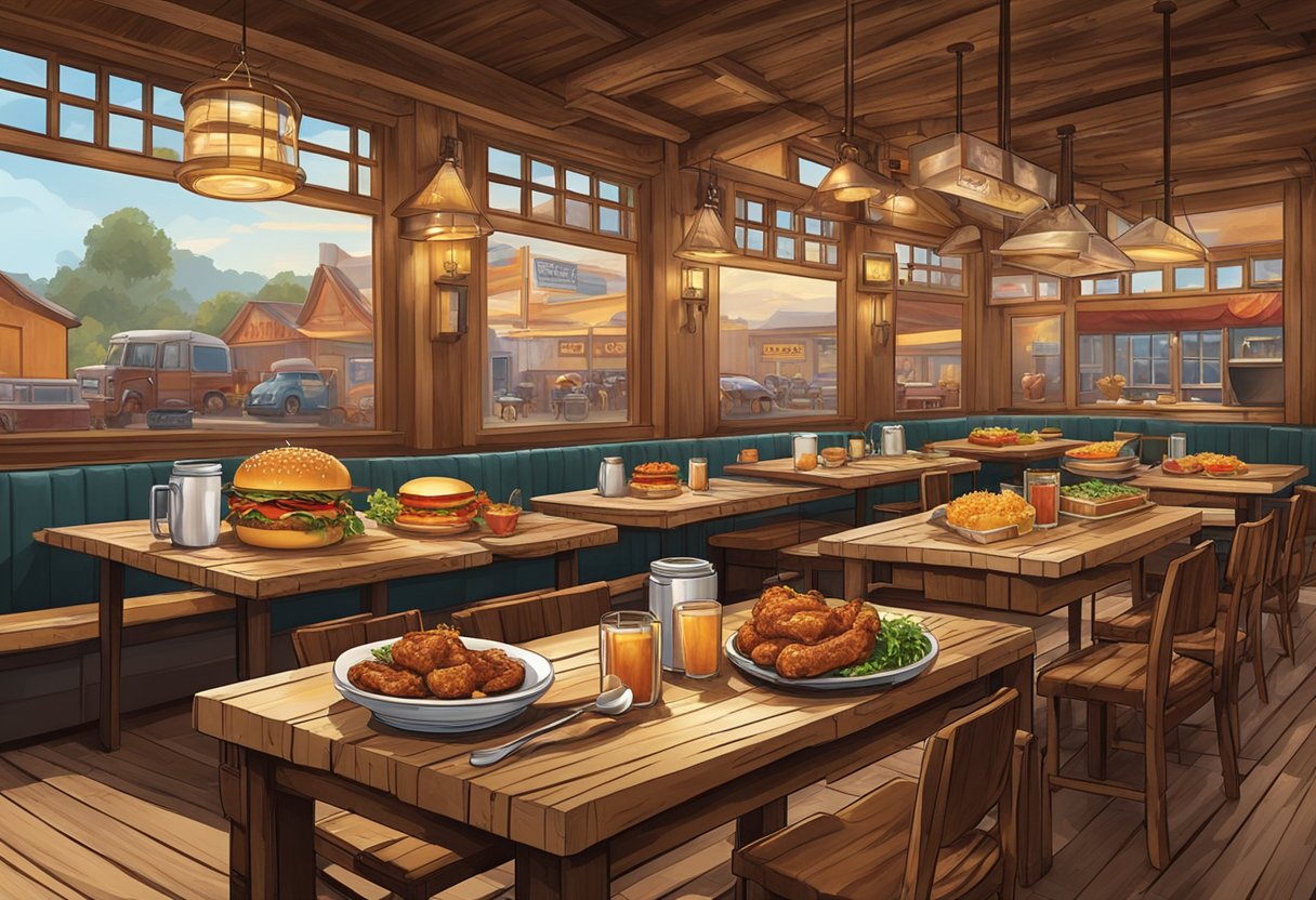 A rustic wooden table adorned with classic Western dishes, such as juicy steaks, crispy fried chicken, and hearty burgers, set against a backdrop of a bustling restaurant