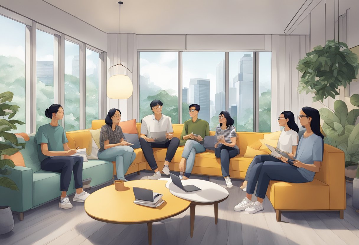 A group of individuals gather in a modern, communal living space in Singapore. They engage in conversation, collaborate on projects, and enjoy the shared amenities