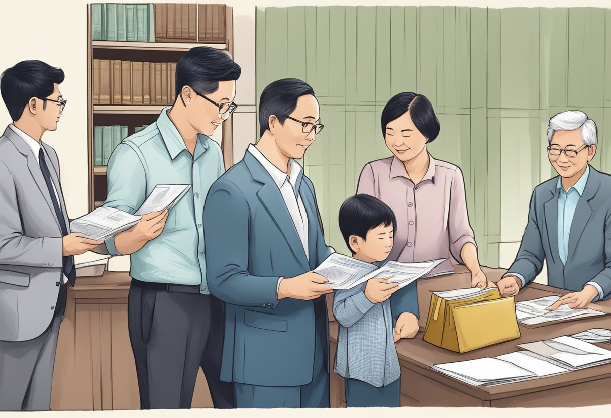 A family receiving tax relief documents from government officials in Singapore