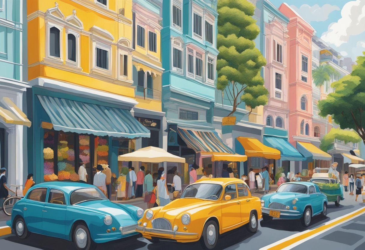 A colorful array of tufted textiles adorns the bustling streets of Singapore, showcasing the intricate art of tufting in vibrant patterns and textures