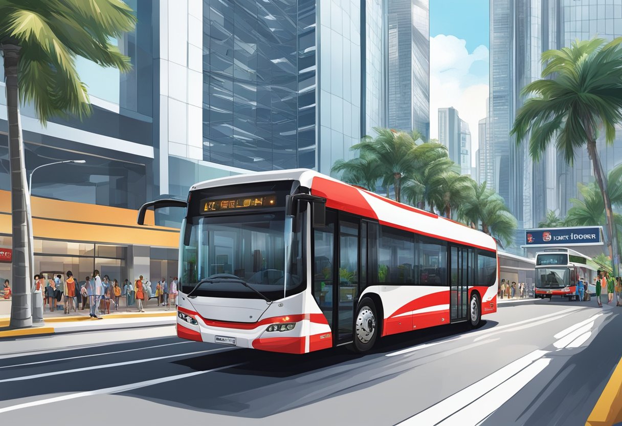 Aeroline Singapore: A sleek, modern bus with a bold red and white exterior pulls up to a bustling city terminal, surrounded by skyscrapers and palm trees
