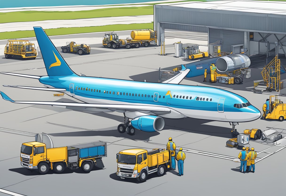 An airplane sits on the tarmac at Aeroline Services in Singapore, with ground crew and equipment nearby