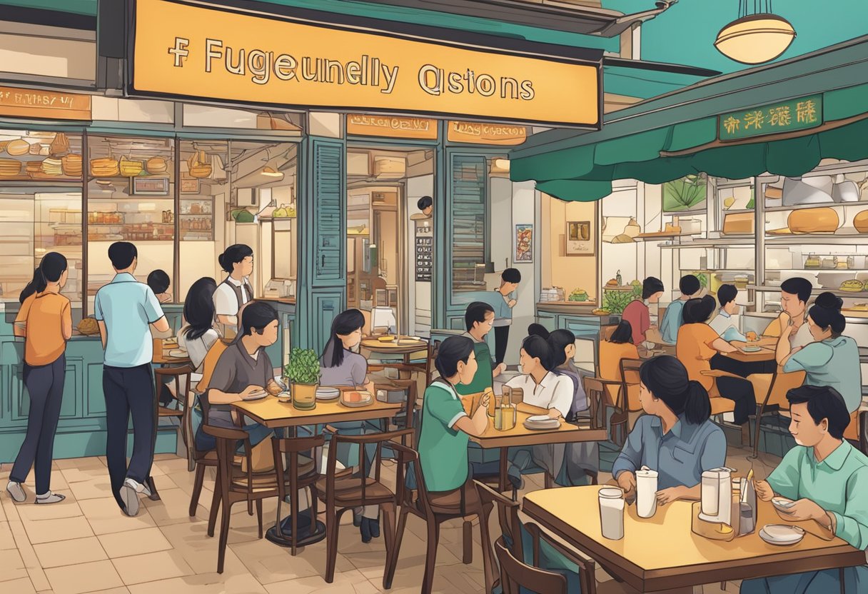 A bustling Singaporean restaurant with a sign reading "Frequently Asked Questions" and serving Western food