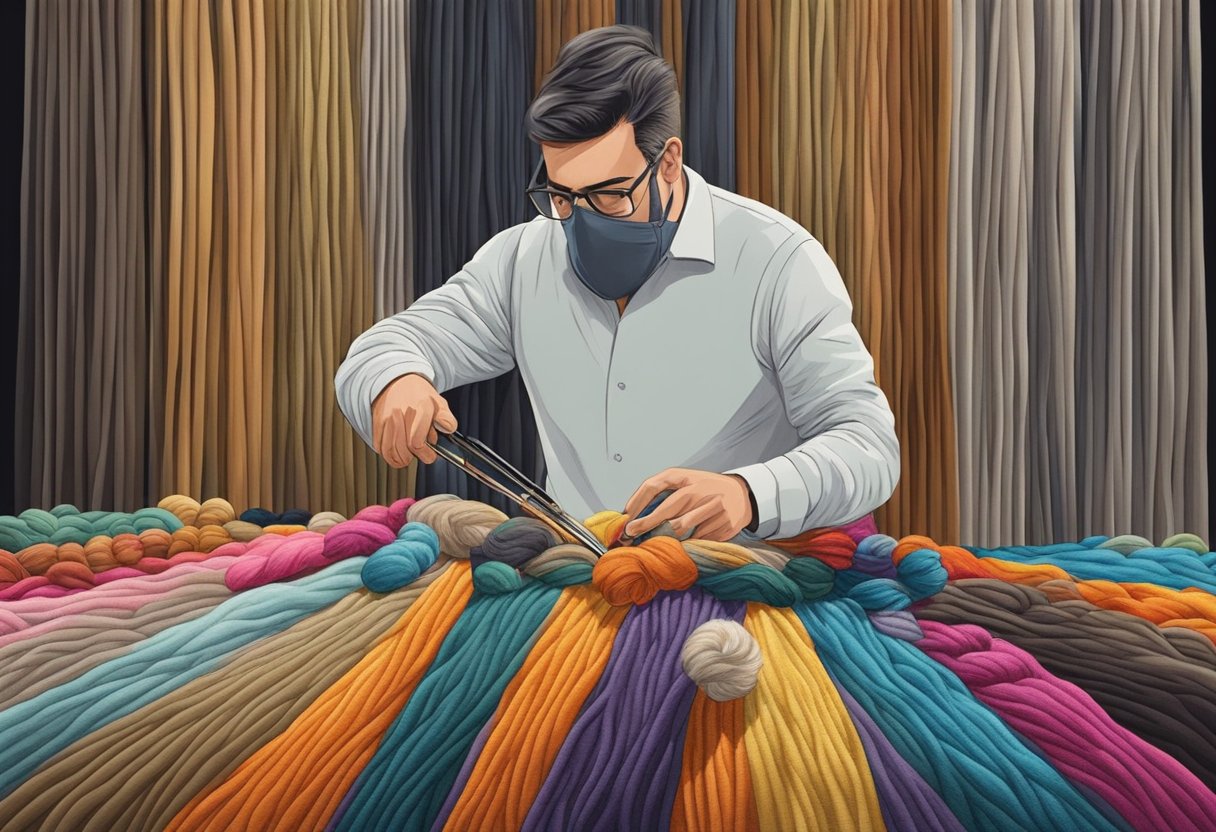 A person using a tufting gun to create a tufted masterpiece on a fabric canvas, surrounded by various colors and textures of yarn