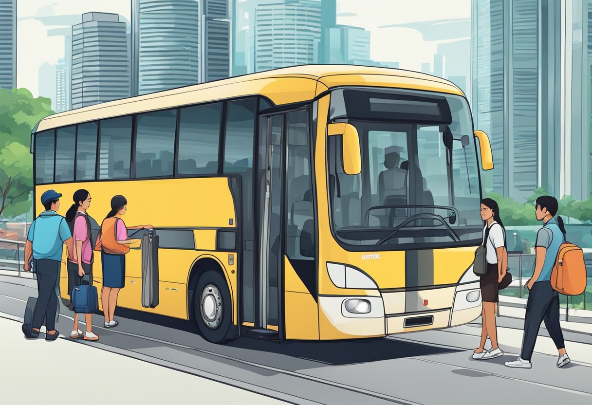 Passengers boarding Aeroline bus in Singapore. Luggage being loaded. Bus driver assisting. City skyline in background