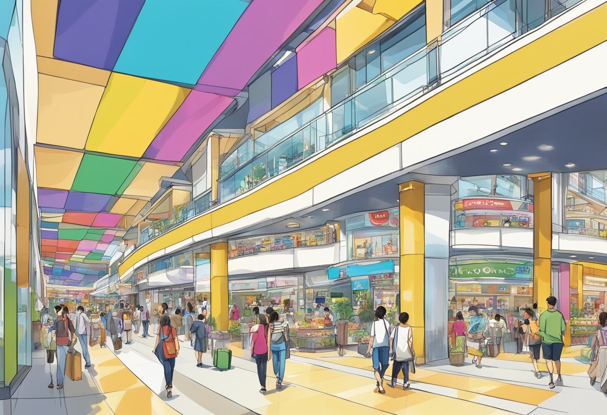 Shops and restaurants line the bustling corridors of VivoCity, with colorful signs and vibrant displays drawing in countless visitors