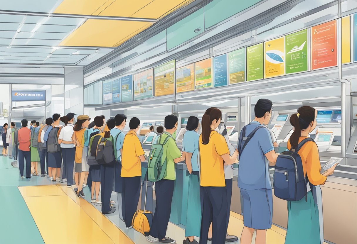 Passengers lining up at the Aeroline Singapore counter, staff assisting. Signage and information boards visible