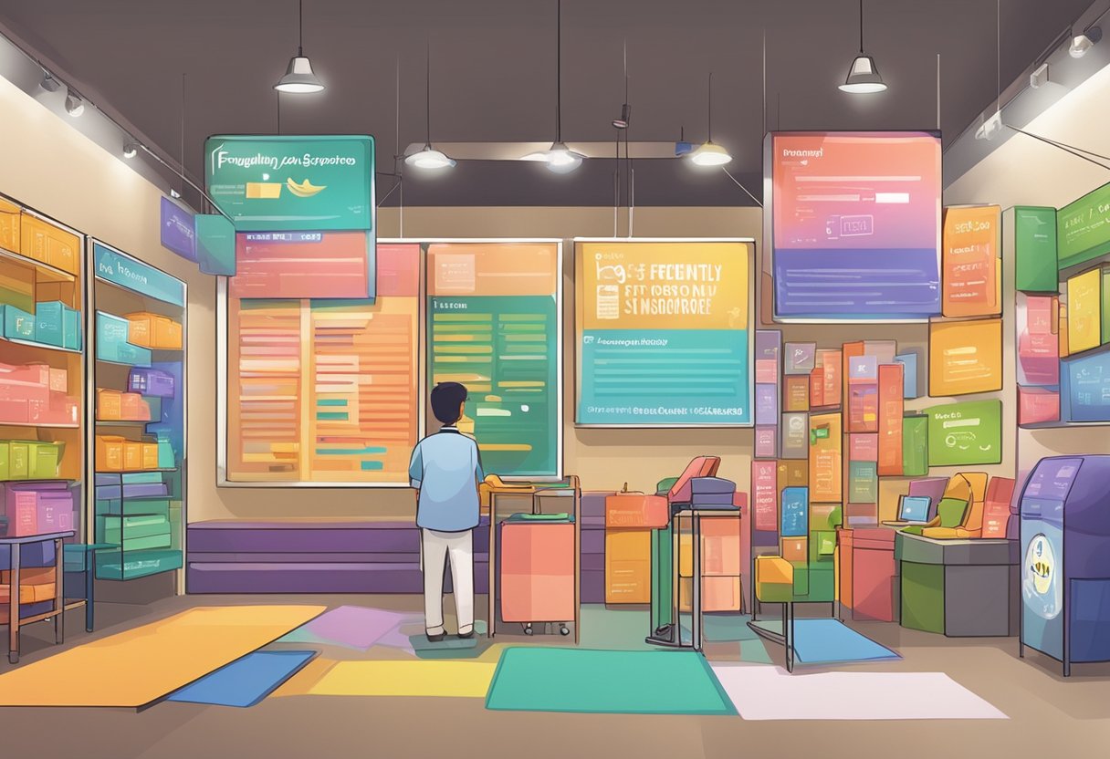 A colorful display of "Frequently Asked Questions" signs with the words "tufting singapore" prominently featured