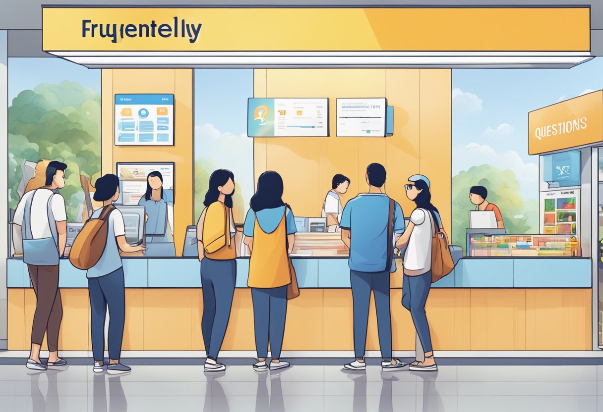 People standing in line at the information counter, looking at a large sign that reads "Frequently Asked Questions" at Vivo City, Singapore