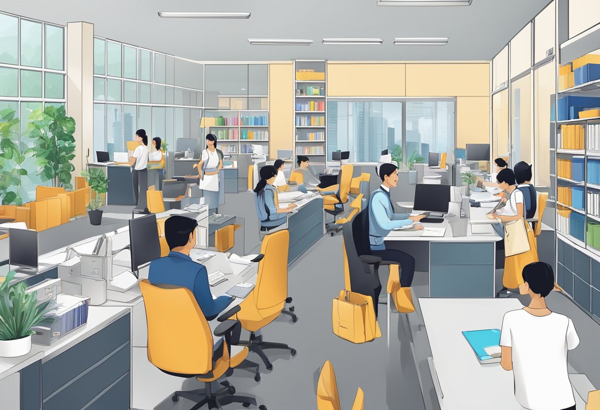A busy maid agency office in Singapore, with staff assisting clients and a wall of profiles