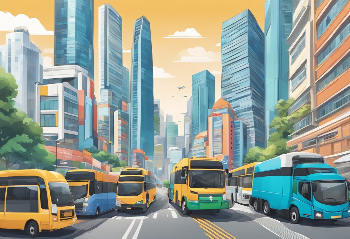 A bustling cityscape with iconic landmarks and a fleet of delivery vehicles representing the expansion of J&T Express in Singapore