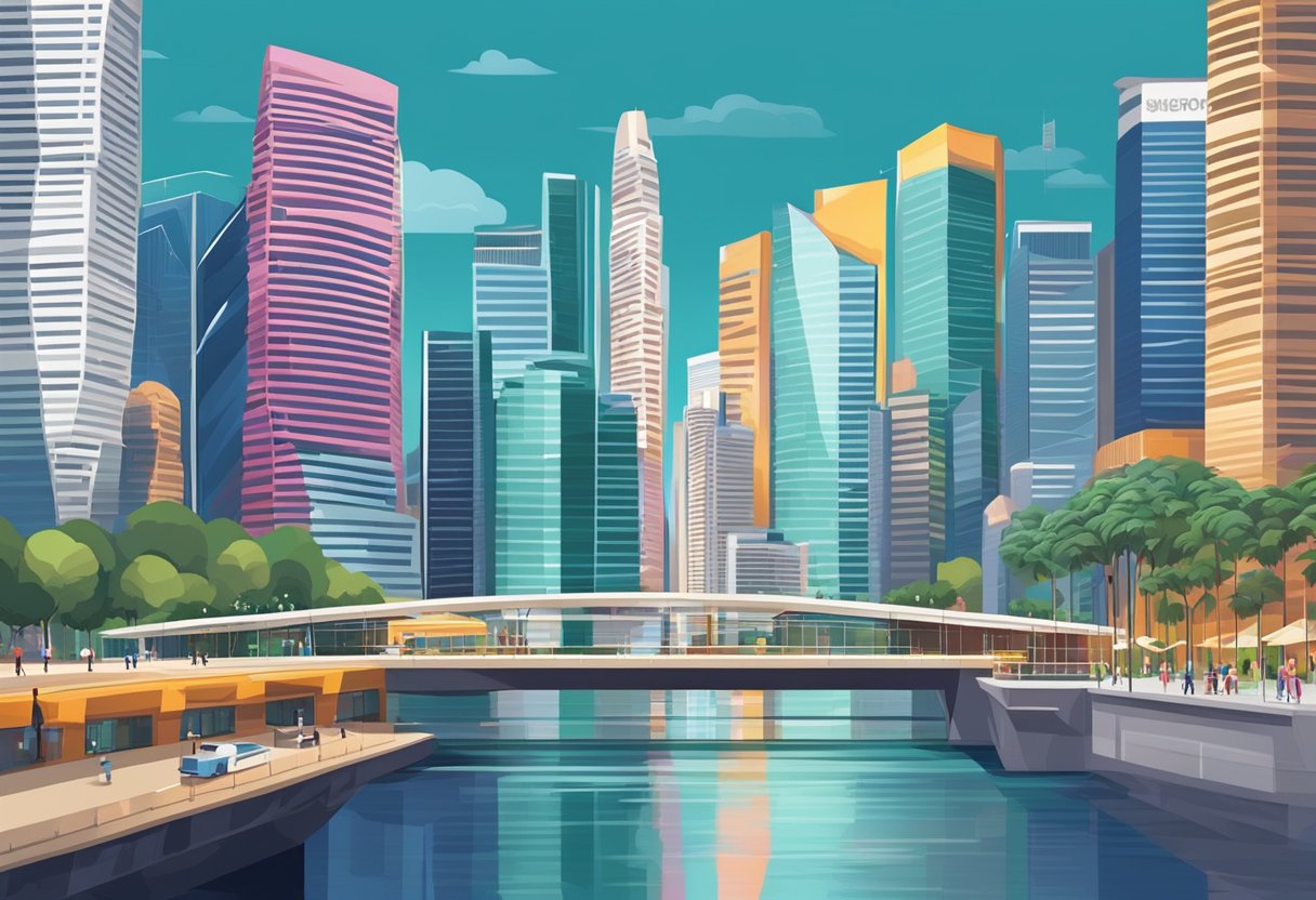 A bustling cityscape with iconic skyscrapers and a modern skyline, featuring the unique architecture and vibrant energy of Singapore