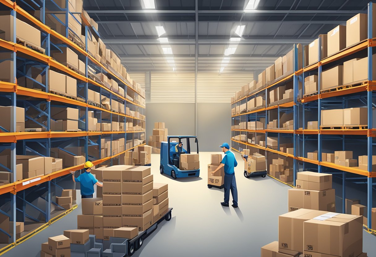 A busy warehouse with packages being sorted and loaded onto delivery trucks at J&T Express Singapore