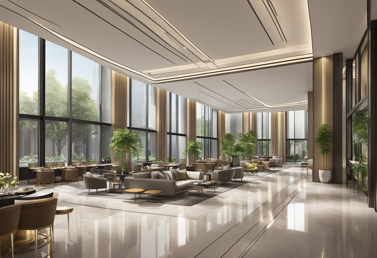 The Edition Hotel in Singapore features a modern, sleek design with clean lines and a minimalist aesthetic. The lobby is adorned with contemporary art and high-end furnishings, creating a luxurious and sophisticated atmosphere