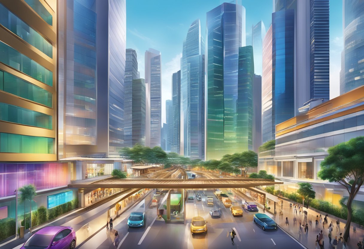 A bustling cityscape with modern skyscrapers and vibrant street life, showcasing the dynamic energy of Abbott's presence in Singapore