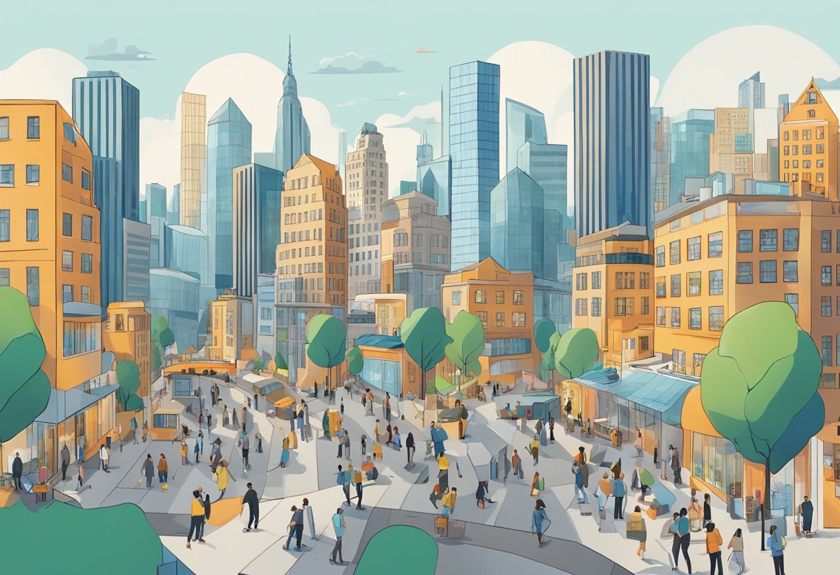 A bustling city skyline with iconic buildings and a diverse mix of people, showcasing innovation, sustainability, and community in action