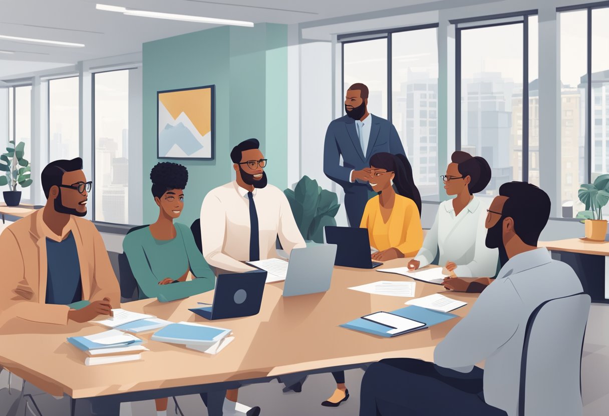 A group of diverse individuals sit in an office, discussing job requirements and qualifications. A sign on the wall reads "Hiring Process and Worker Profiles."