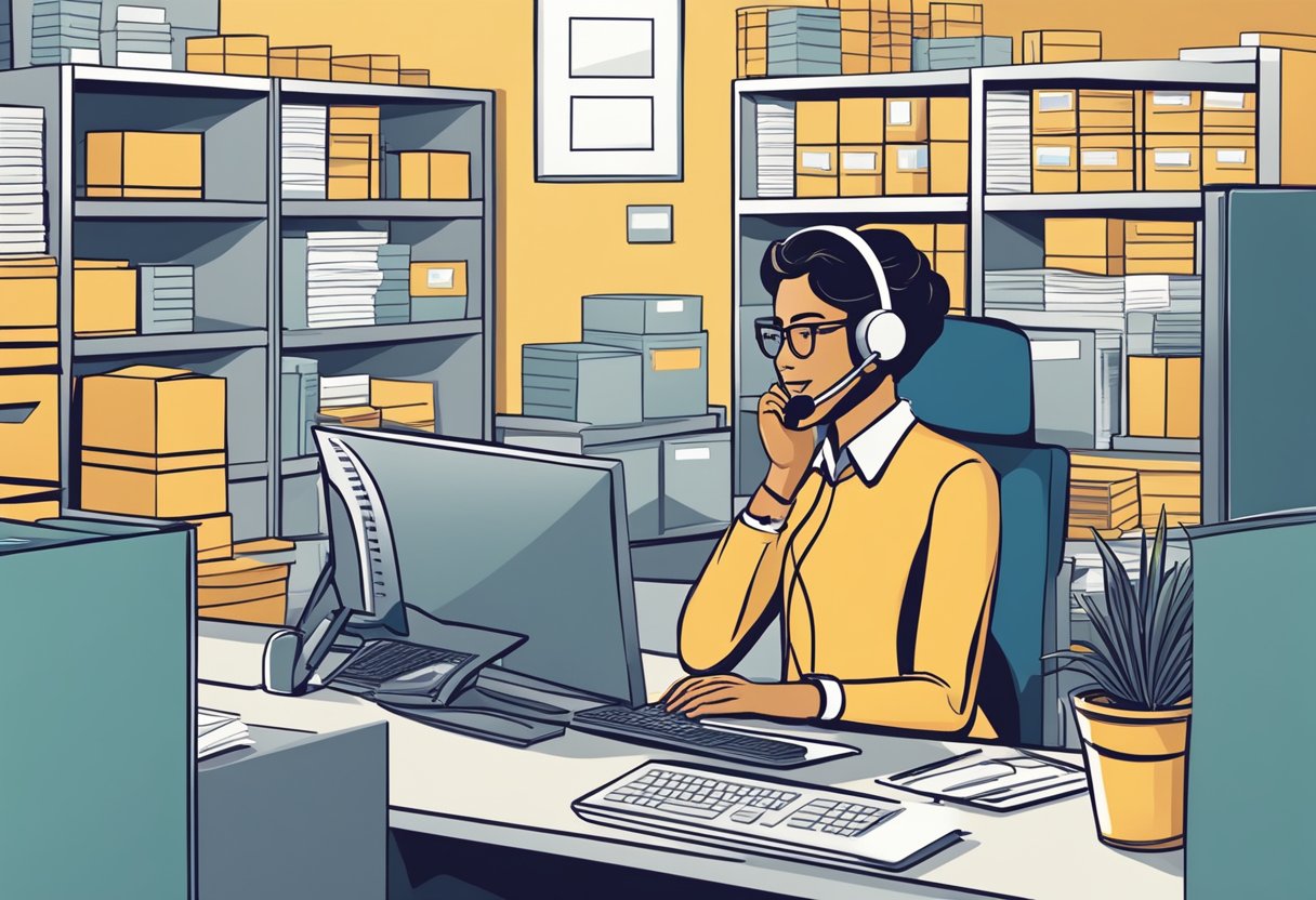A customer service representative answers inquiries at a desk with a computer and phone. Packages are stacked neatly in the background