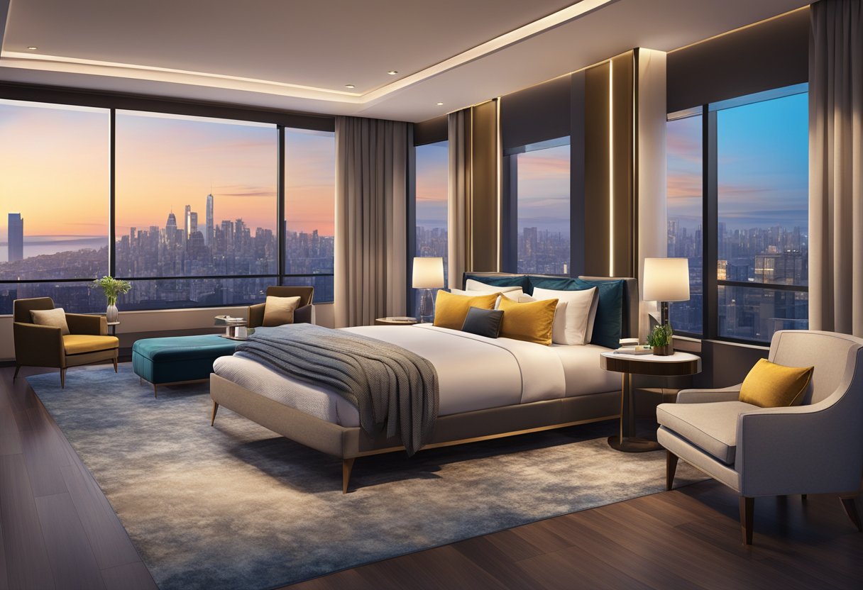 A luxurious hotel room with a plush bed, modern furnishings, and a stunning city view