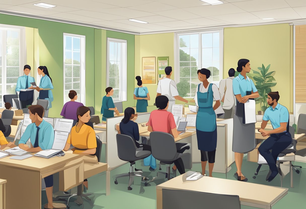 A busy maid agency office with clients waiting, staff assisting, and a prominent "Frequently Asked Questions" sign displayed