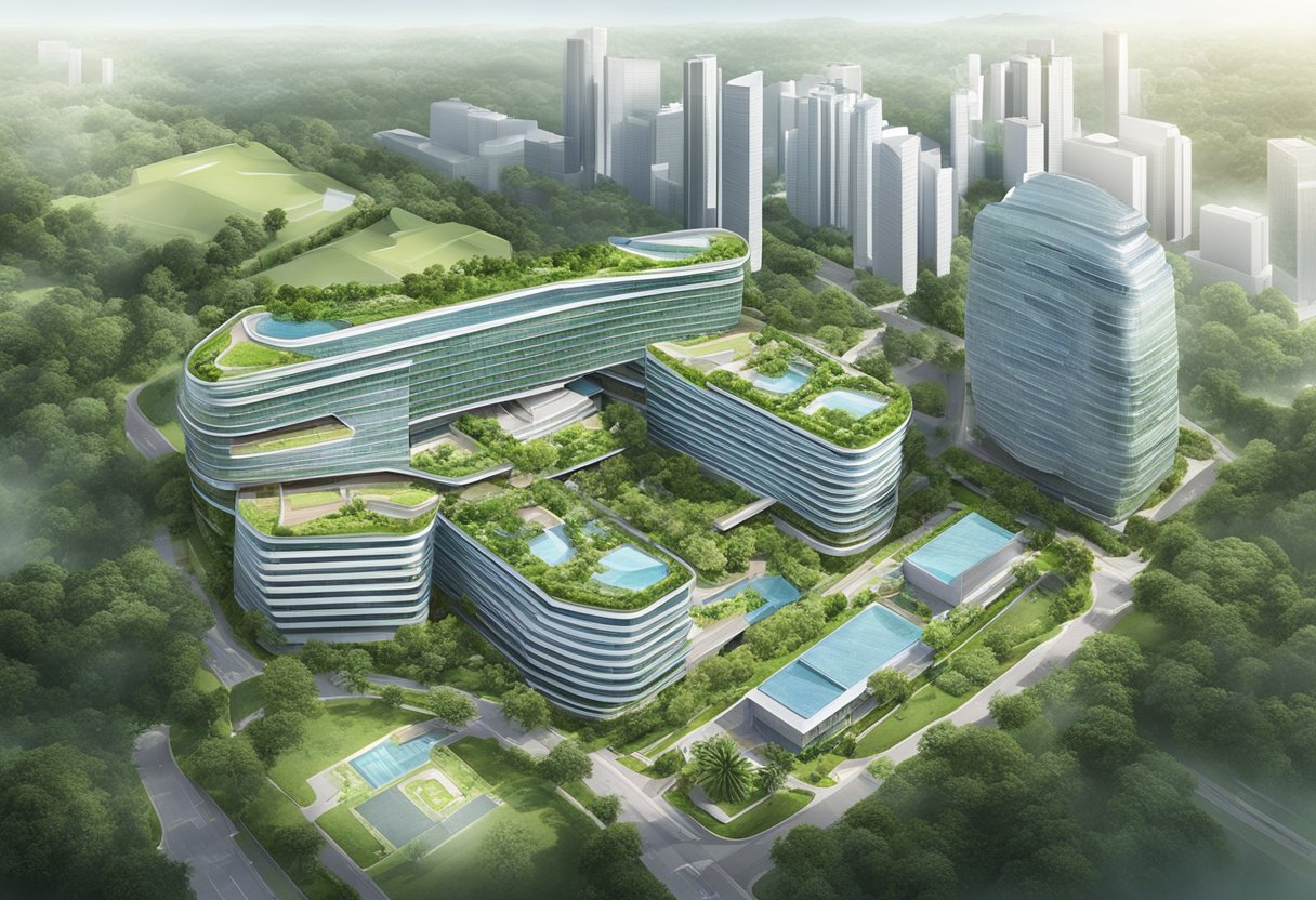 Aerial view of Abbott Singapore headquarters with modern architecture and lush green landscaping