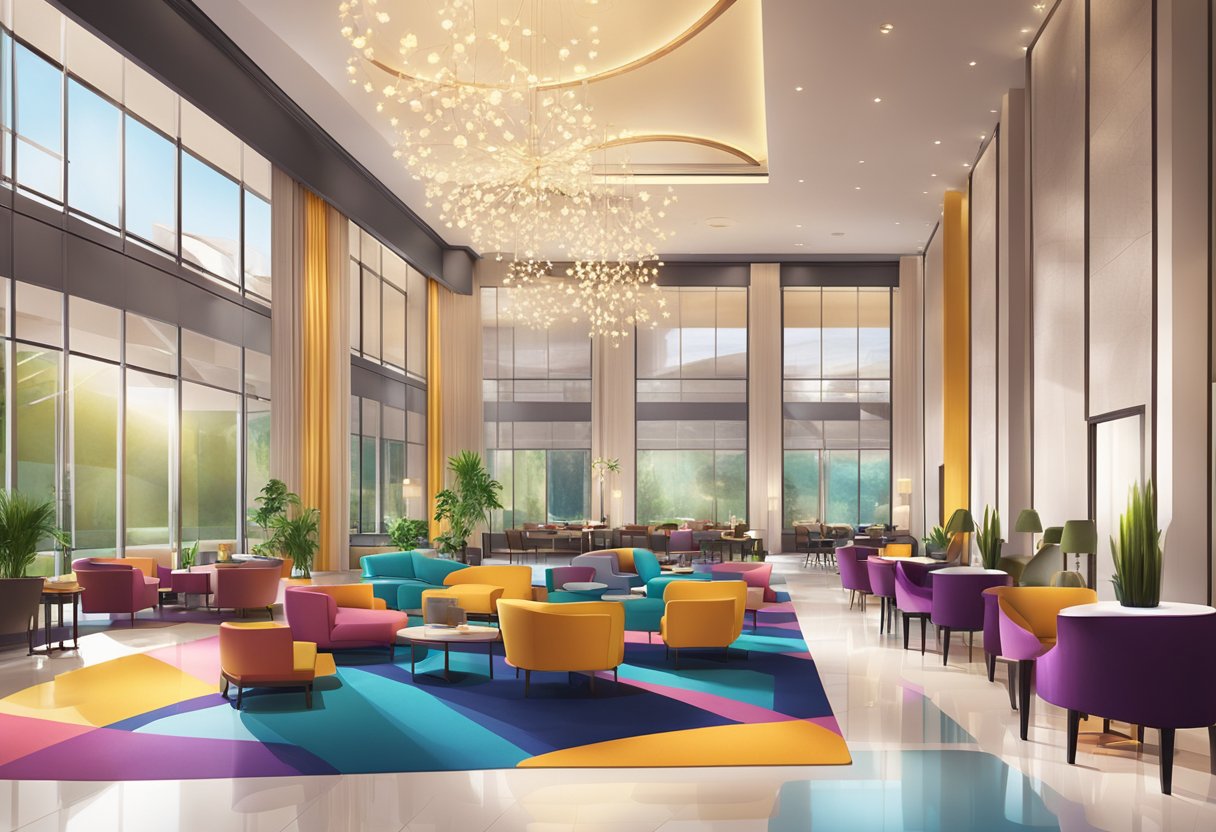 A vibrant hotel lobby with modern dining and entertainment areas, featuring sleek furniture, ambient lighting, and lively atmosphere