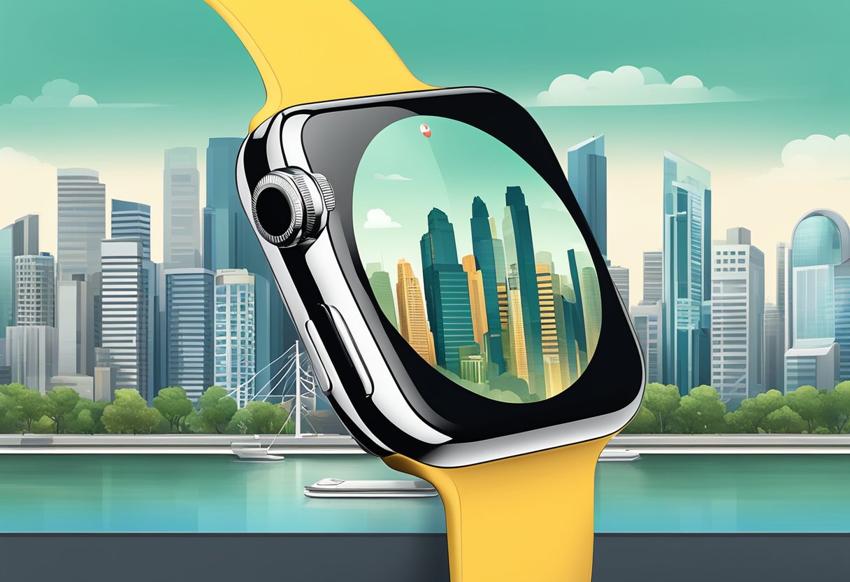 A sleek Apple Watch sits on a modern Singaporean cityscape backdrop