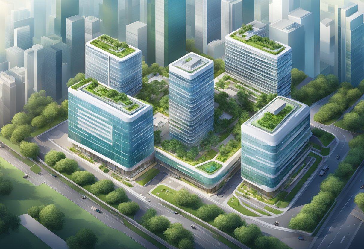A bustling modern cityscape with a prominent Abbott Singapore healthcare facility surrounded by innovative technology and greenery
