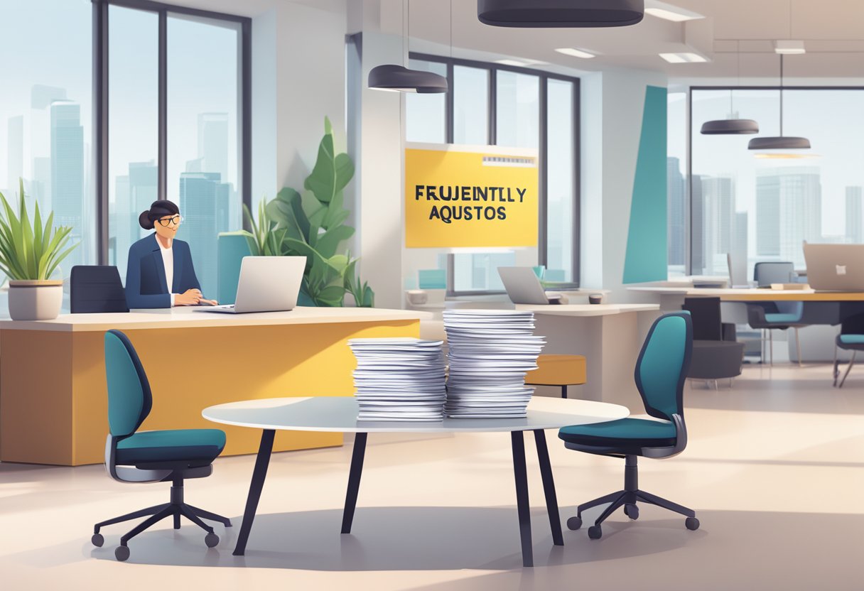 A table with a laptop, a stack of papers, and a sign reading "Frequently Asked Questions abbott singapore" in a bright, modern office setting