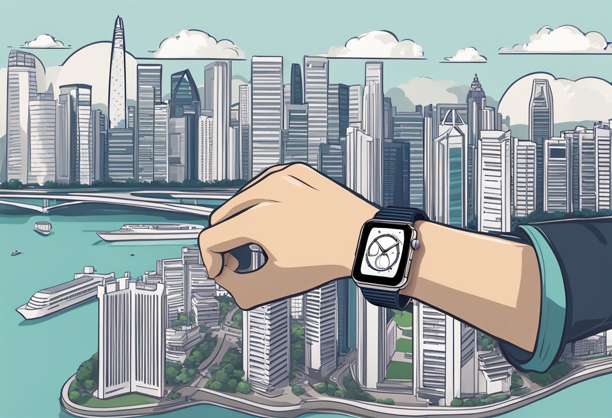 A hand holding an Apple Watch in front of a Singapore cityscape, with iconic landmarks in the background