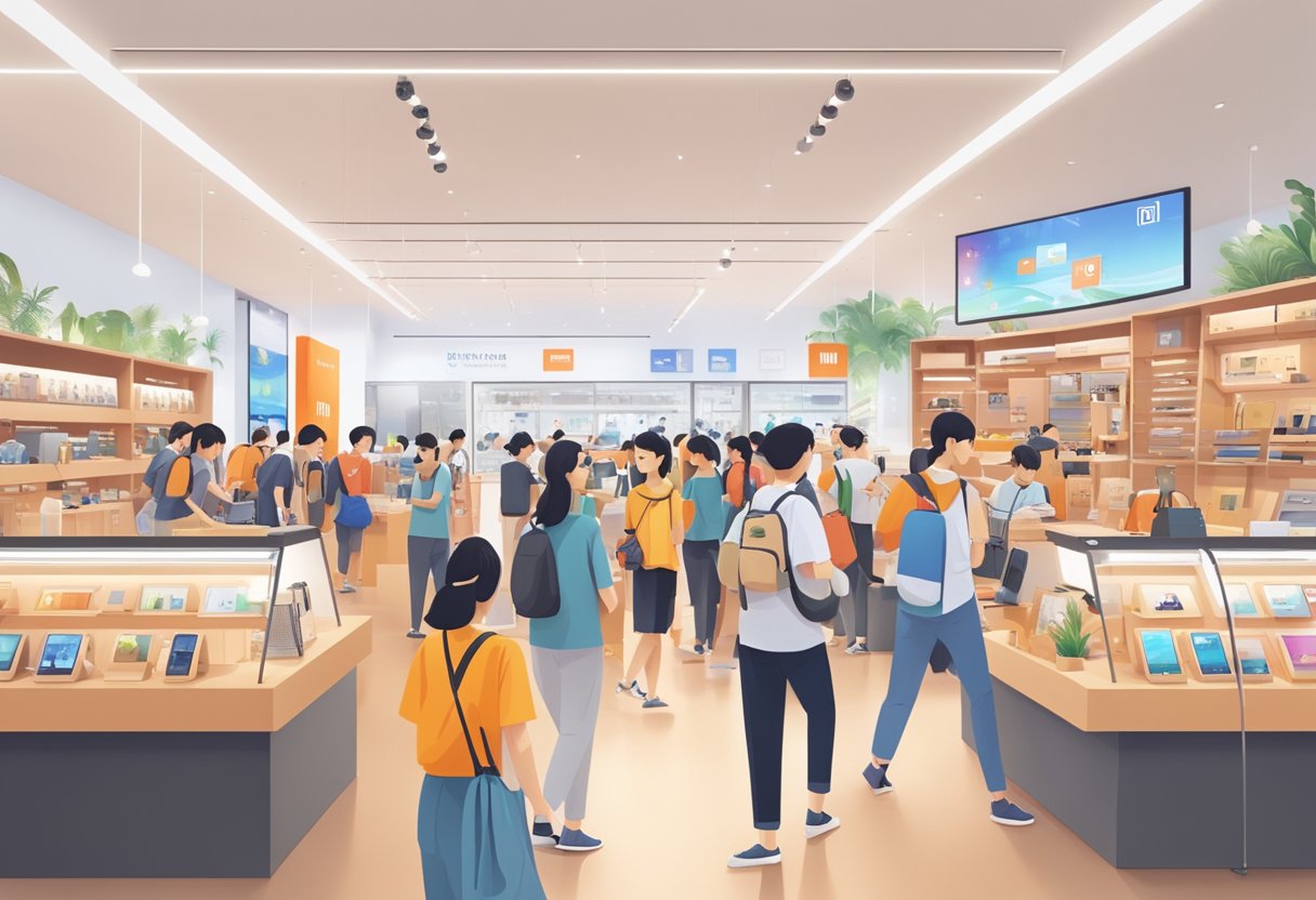 A bustling Xiaomi shop in Singapore, with bright displays and eager customers browsing the latest gadgets