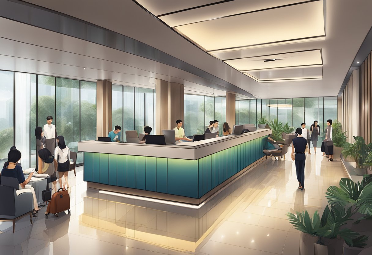 The bustling lobby of the FAQ edition hotel in Singapore, with guests checking in, staff assisting, and a sleek, modern design