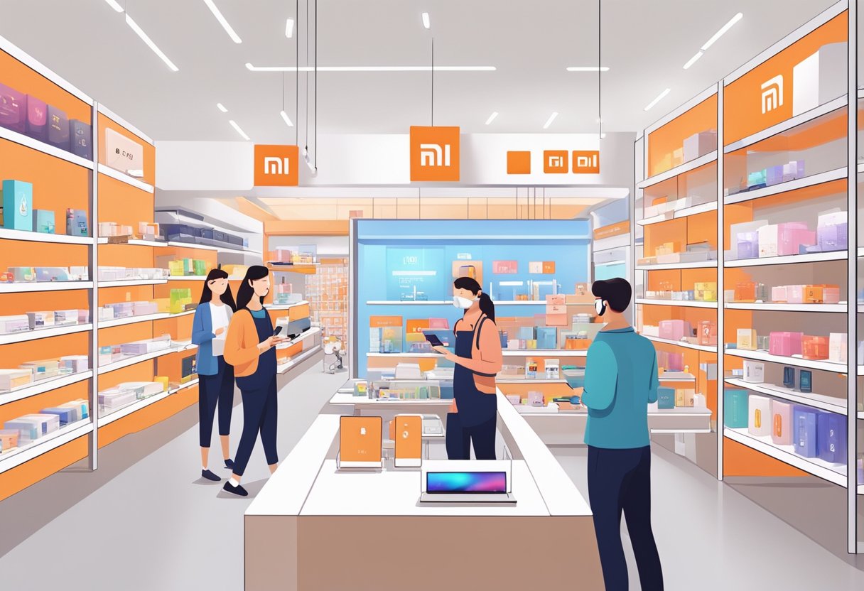 Customers browsing Xiaomi products in a modern, brightly-lit store. Shelves lined with sleek gadgets and accessories. Staff assisting and demonstrating products