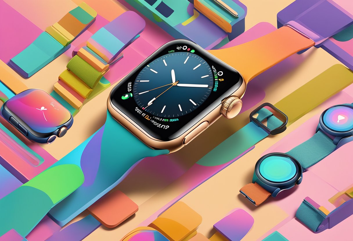 A sleek, modern Apple Watch sits on a wrist, displaying advanced features and health benefits on its vibrant screen