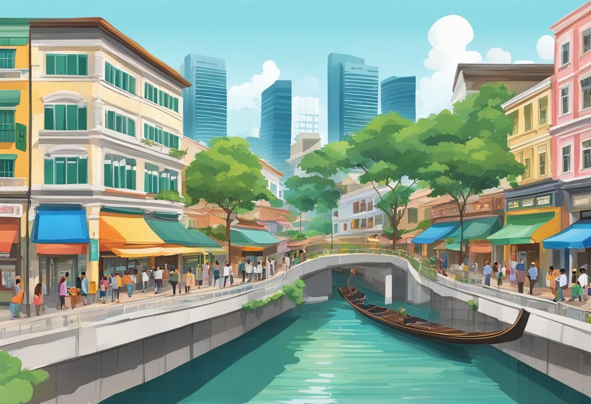 The bustling streets of Bengawan Solo, Singapore, with vibrant shopfronts and bustling crowds. The iconic bridge spans the river, surrounded by lush greenery