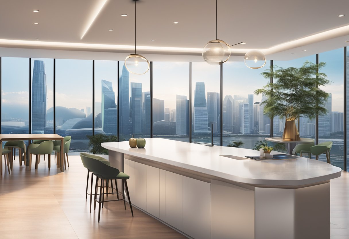An Apple Watch displayed on a sleek, modern counter with a backdrop of the Singapore skyline