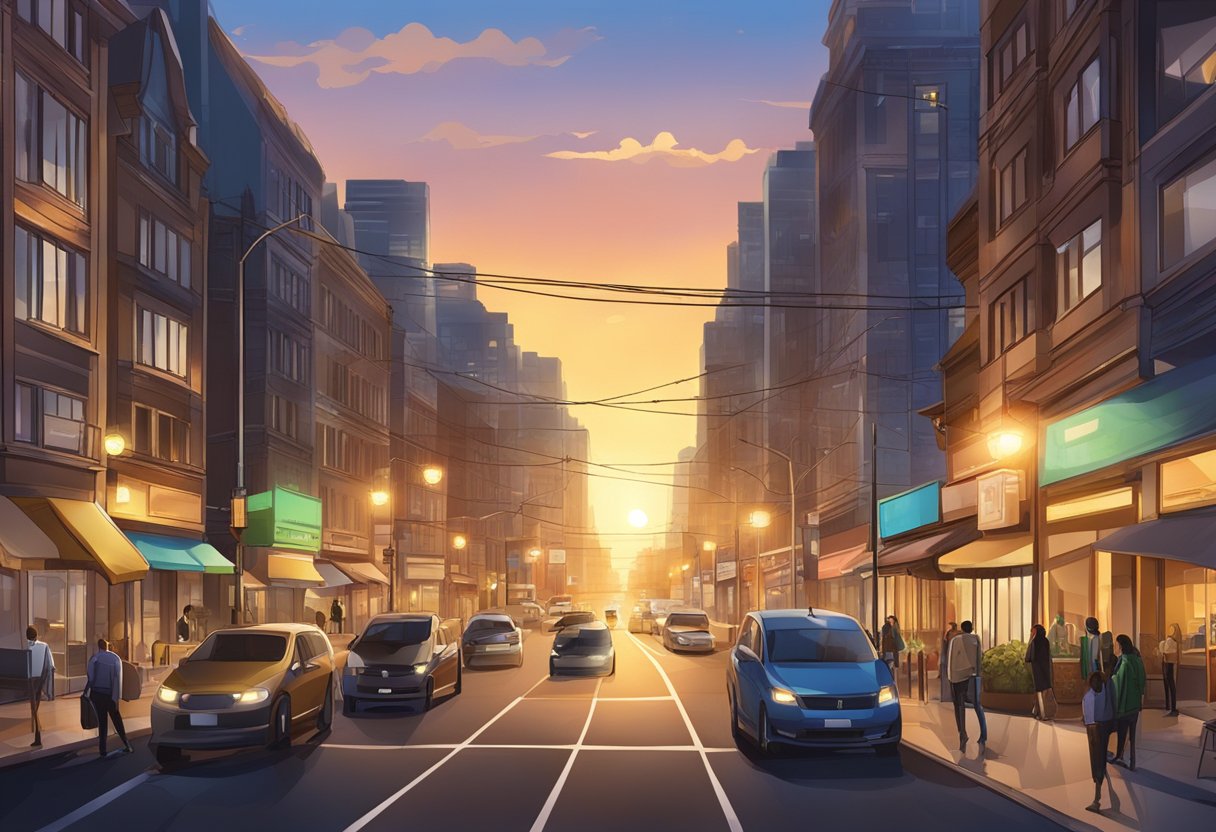 City lights illuminate the bustling streets, as the sun sets in the East