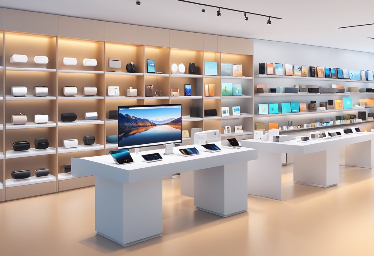 A display of Xiaomi's product range in a sleek and modern shop in Singapore, featuring smartphones, smartwatches, earbuds, and other electronic gadgets